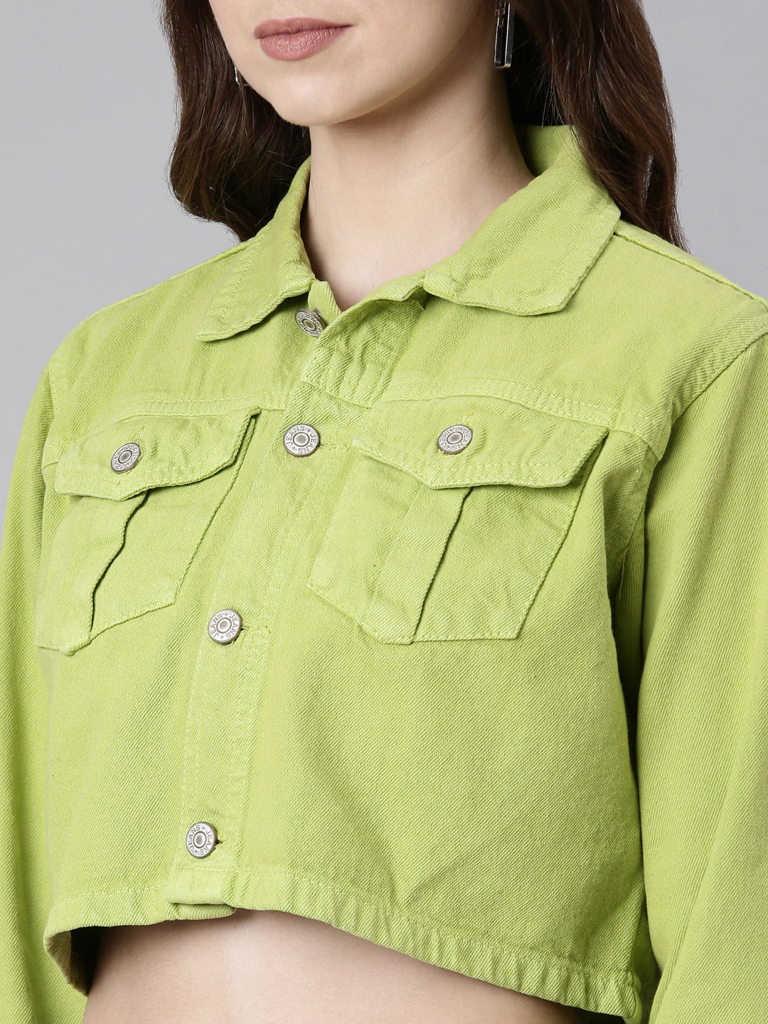 Women's Lime Green Spread Collar Crop Denim Jacket