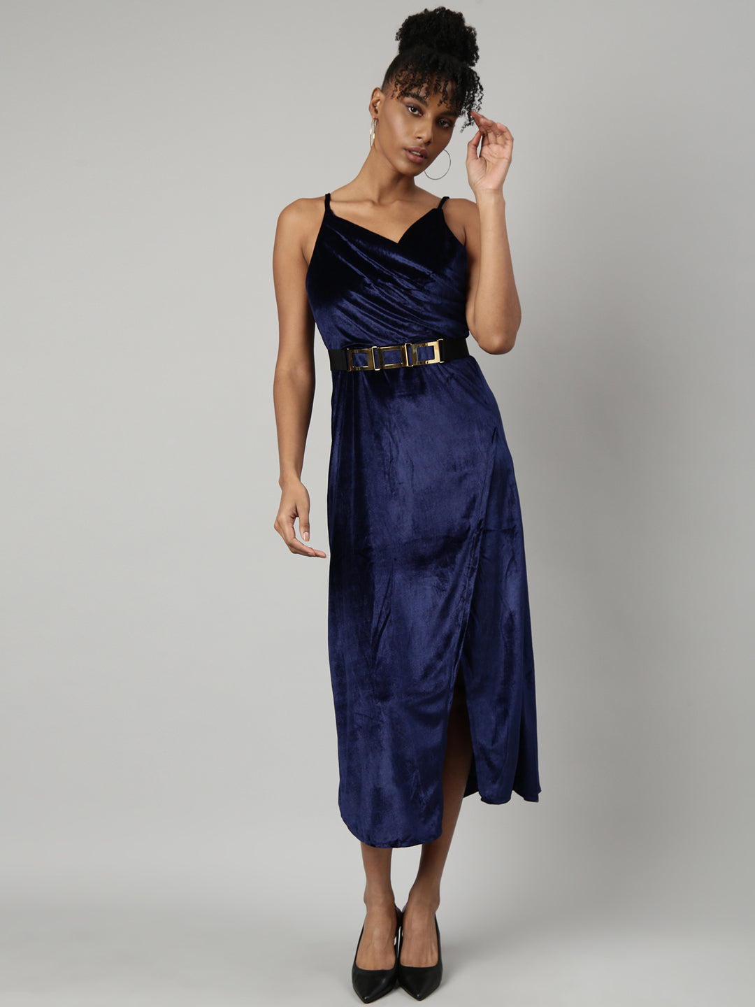 Women's Navy Blue V-Neck Shoulder Straps A-Line Midi Slip Dress Comes with A Belt