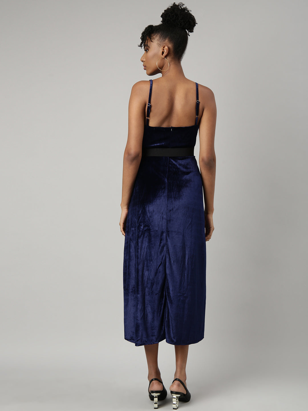 Women's Navy Blue V-Neck Shoulder Straps A-Line Midi Slip Dress Comes with A Belt