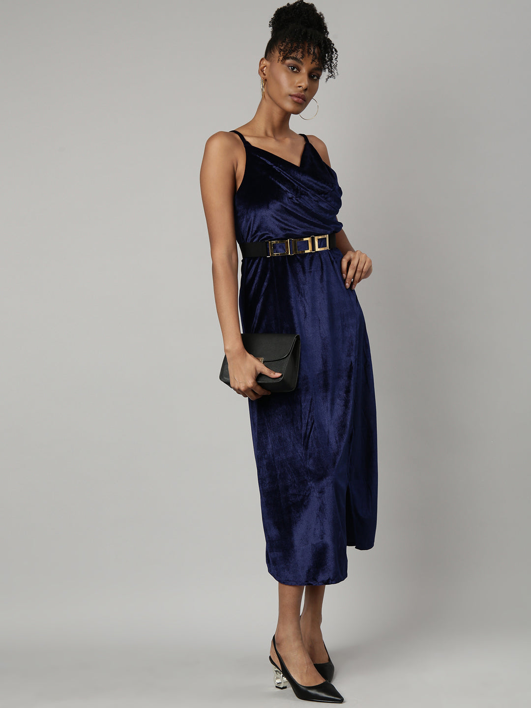 Women's Navy Blue V-Neck Shoulder Straps A-Line Midi Slip Dress Comes with A Belt