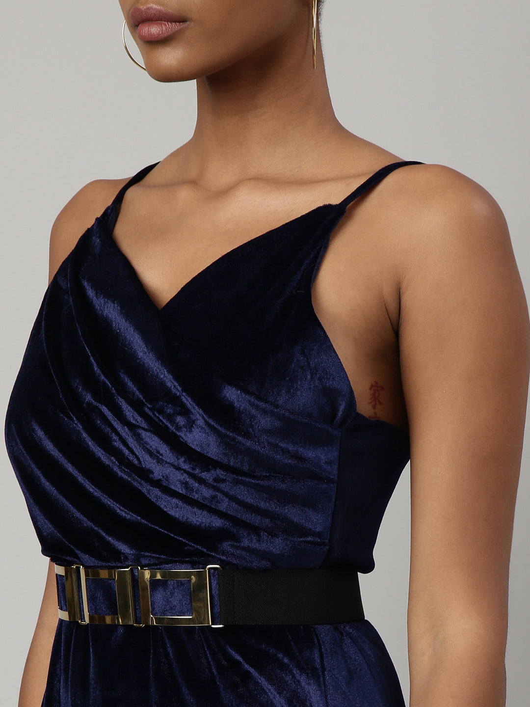 Women's Navy Blue V-Neck Shoulder Straps A-Line Midi Slip Dress Comes with A Belt