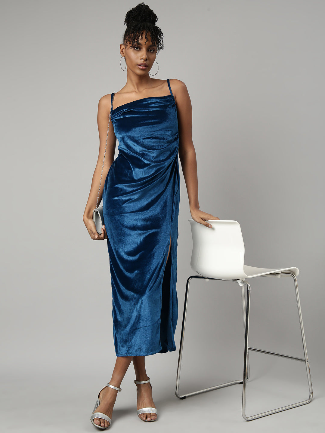 Women's Blue A-Line Velvet Midi Dress