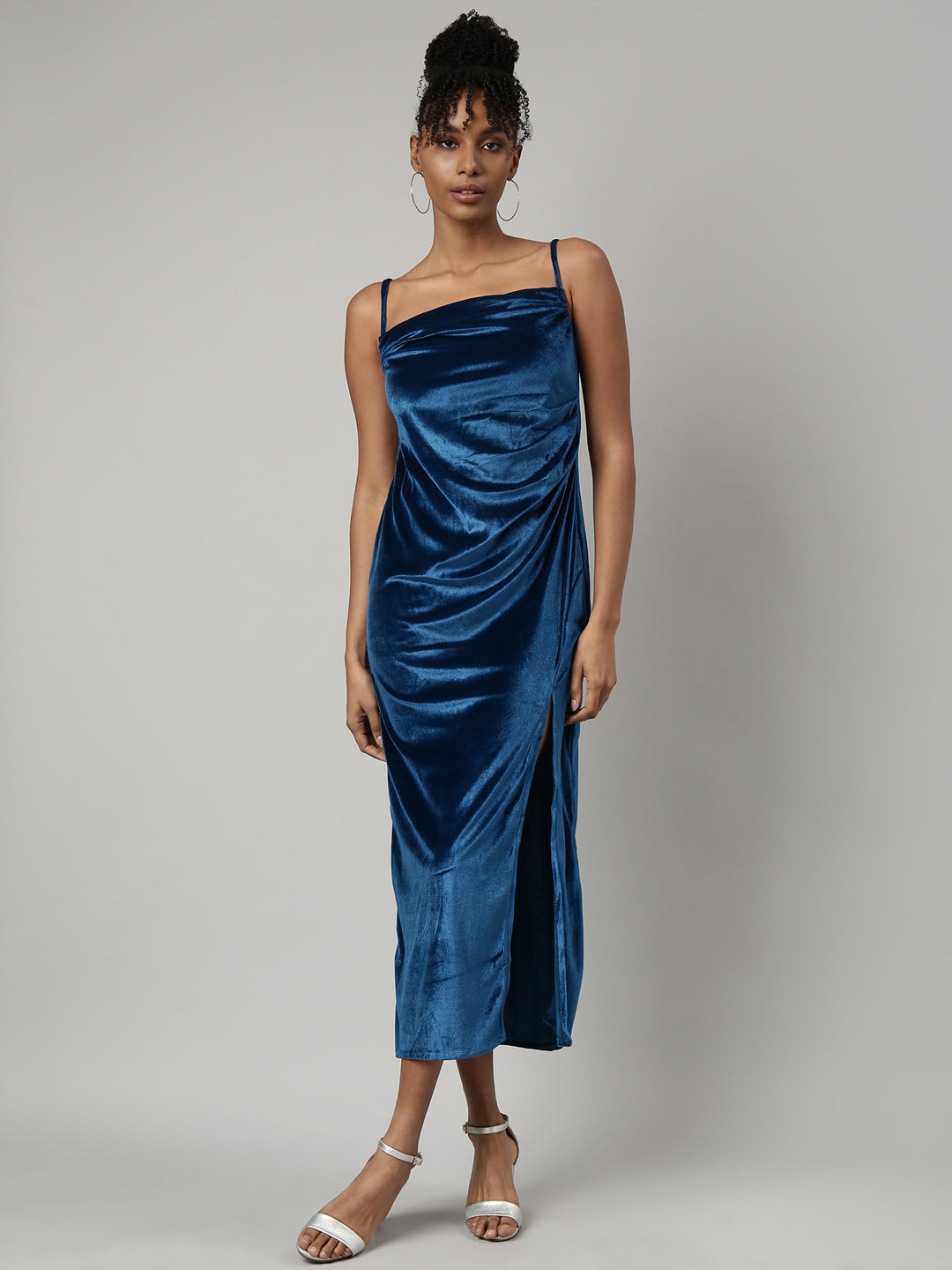 Women's Blue A-Line Velvet Midi Dress