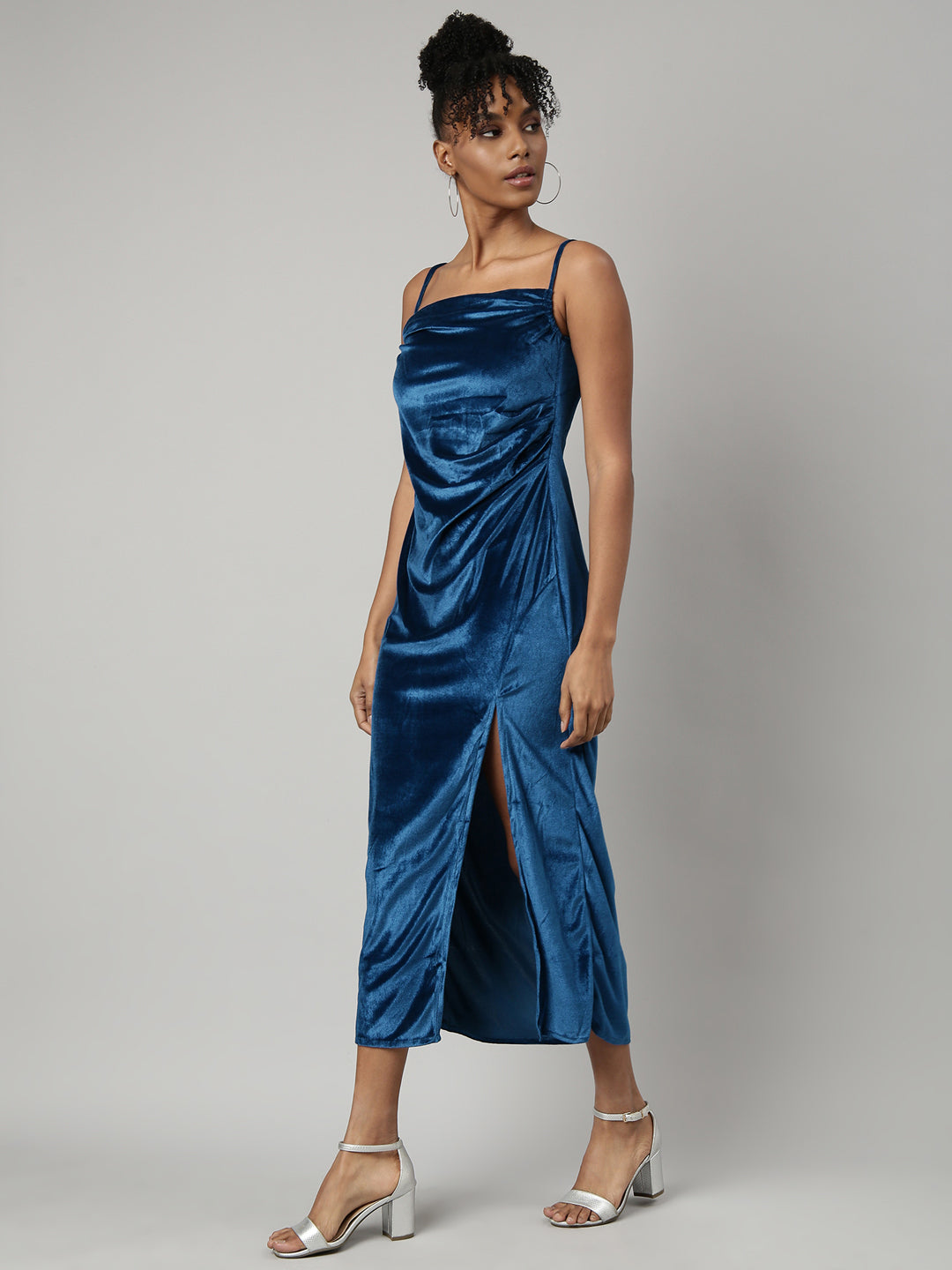 Women's Blue A-Line Velvet Midi Dress