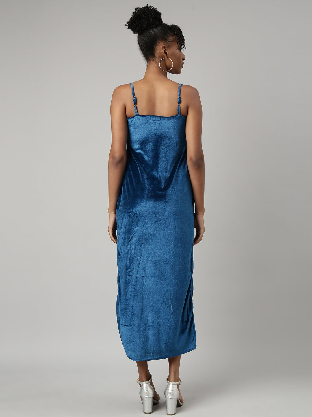 Women's Blue A-Line Velvet Midi Dress