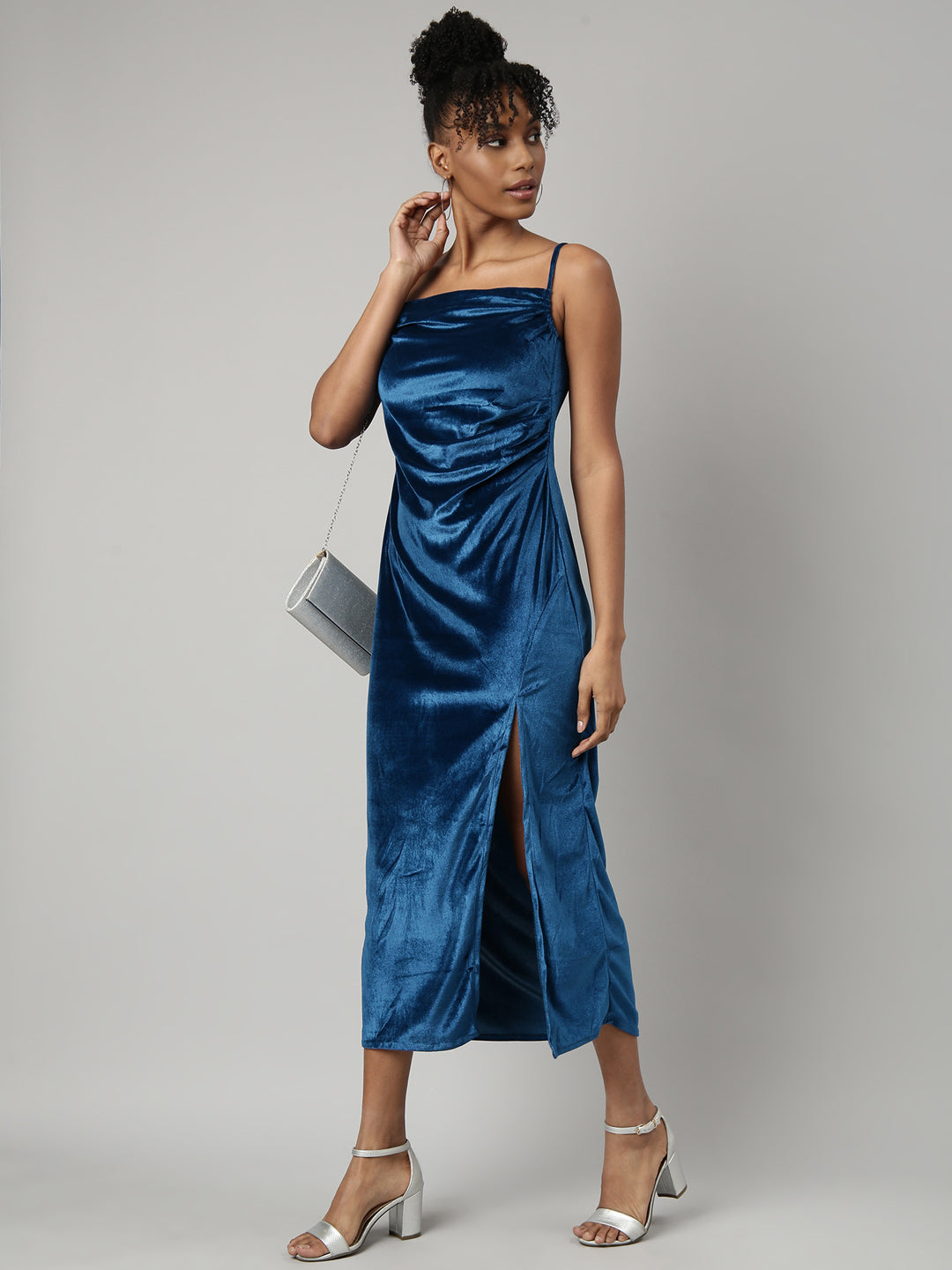 Women's Blue A-Line Velvet Midi Dress