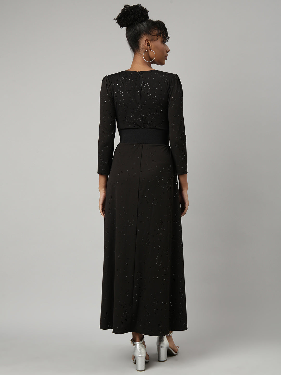 Women's Black Round Neck Regular Sleeves Bling & Sparkly Belted A-Line Dress