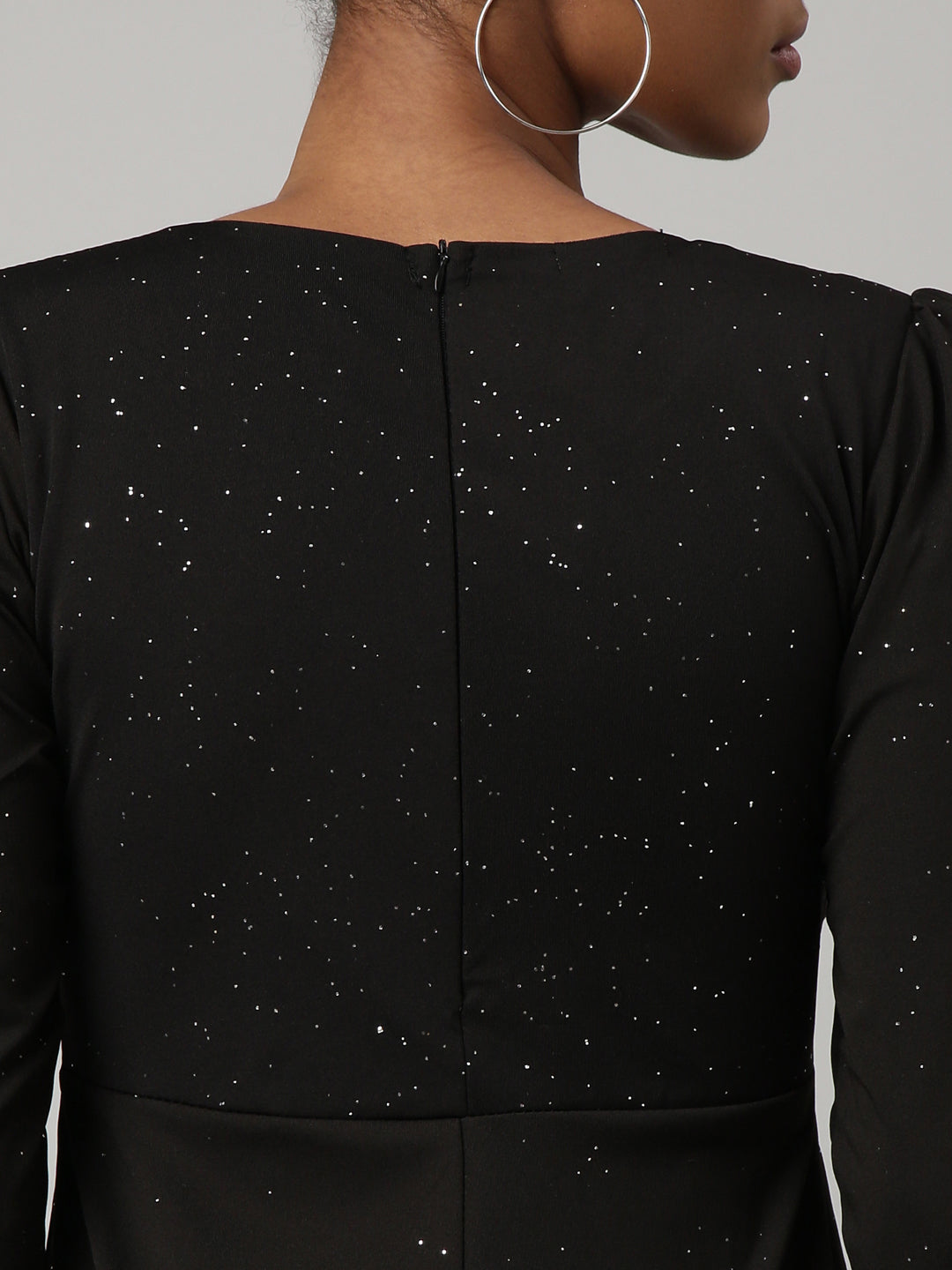 Women's Black Round Neck Regular Sleeves Bling & Sparkly Belted A-Line Dress