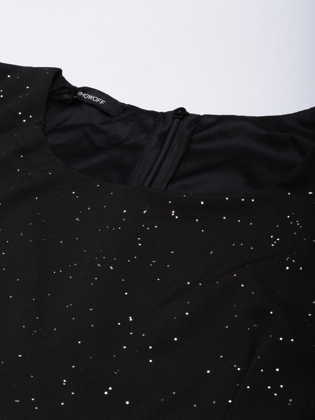 Women's Black Round Neck Regular Sleeves Bling & Sparkly Belted A-Line Dress