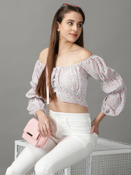 Women's White Floral Print Off-Shoulder Chiffon Bardot Crop Top