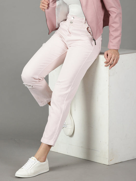 Women's Peach Relaxed Fit High-Rise Slash Knee Cotton Jeans