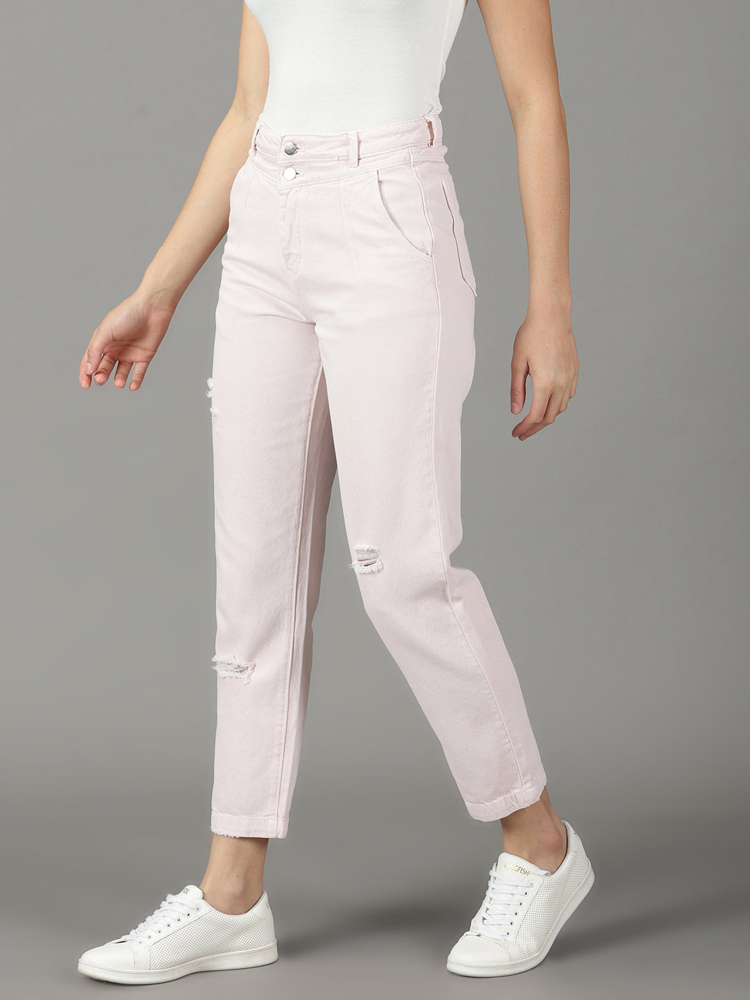 Women's Peach Relaxed Fit High-Rise Slash Knee Cotton Jeans