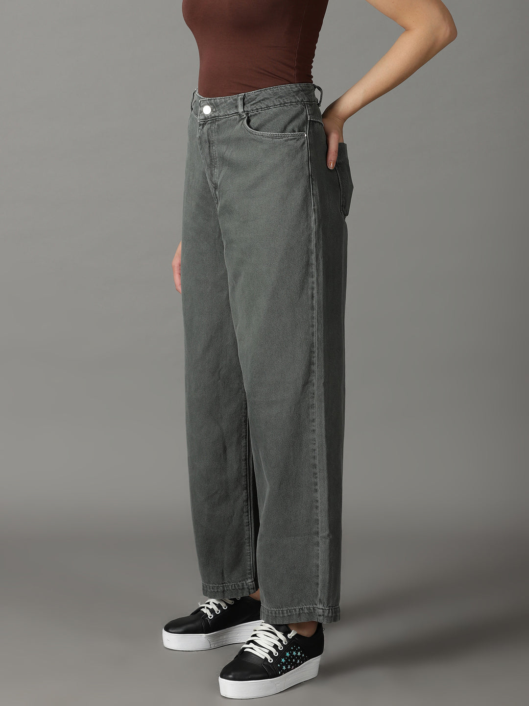 Women's Olive Solid Mom Fit Denim Jeans