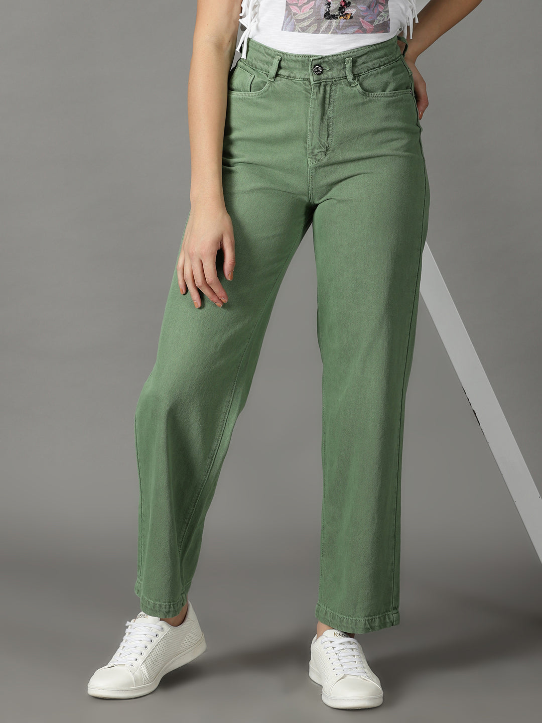 Women's Green Straight Fit High-Rise Cotton Jeans