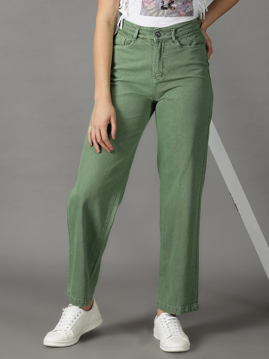 Women's Green Straight Fit High-Rise Cotton Jeans