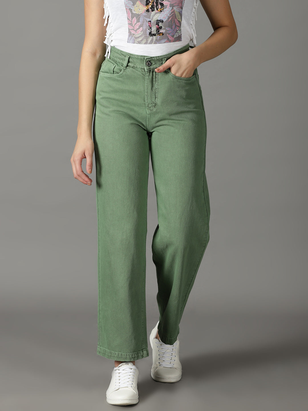 Women's Green Straight Fit High-Rise Cotton Jeans