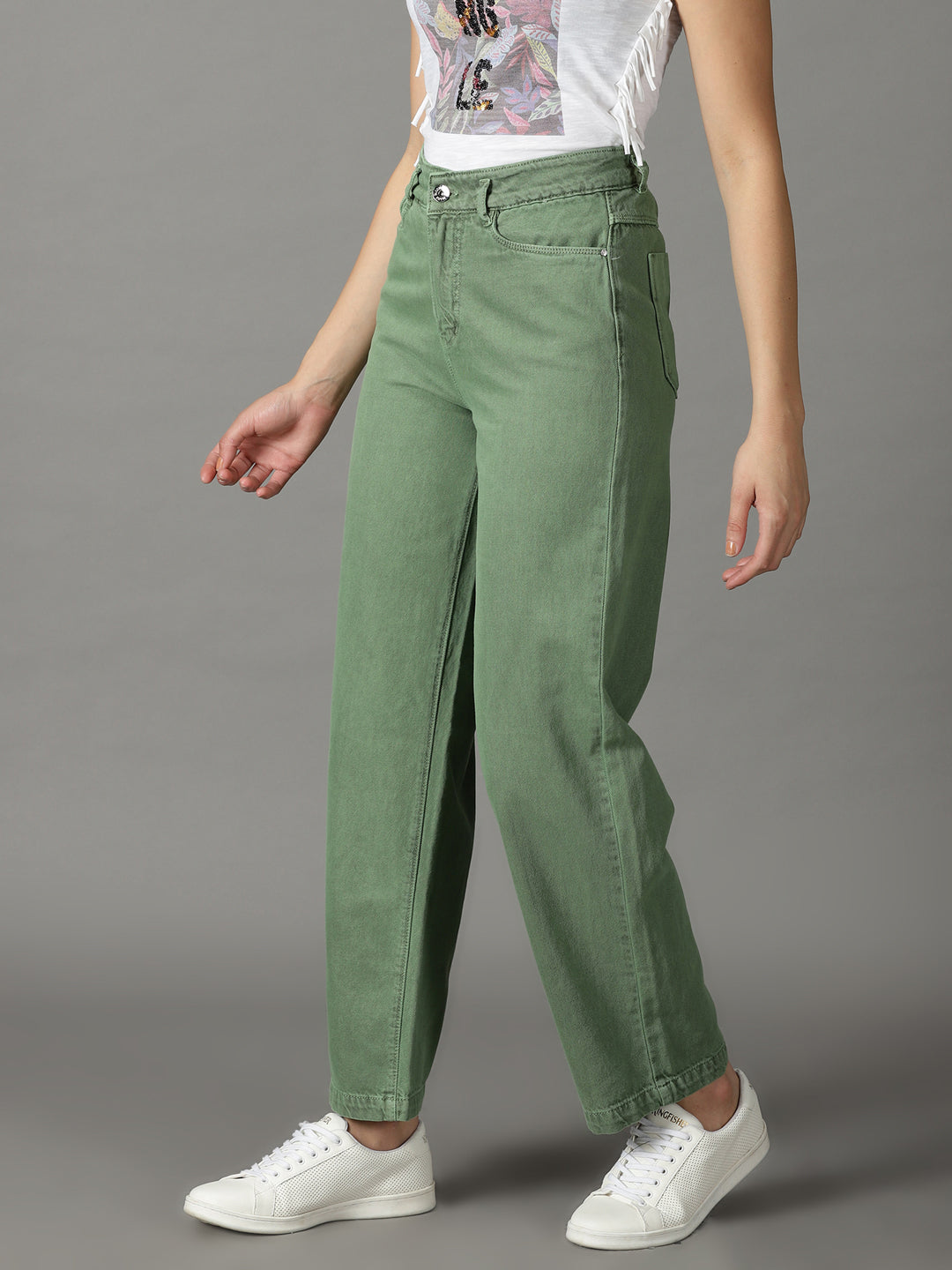 Women's Green Straight Fit High-Rise Cotton Jeans