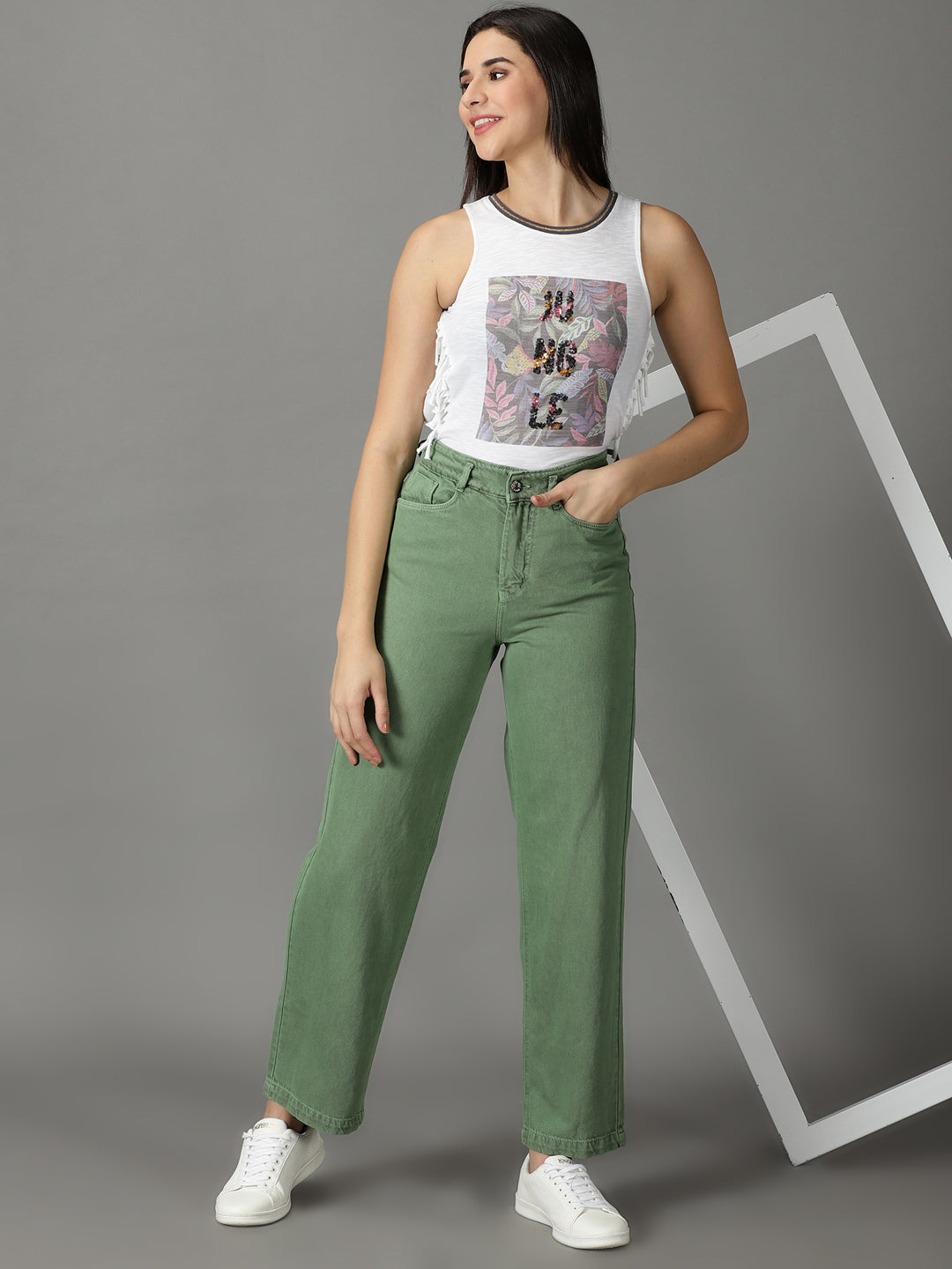 Women's Green Straight Fit High-Rise Cotton Jeans