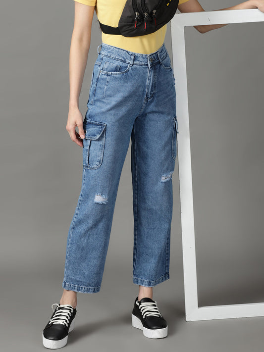 Women's Blue High-Rise Slash Knee Light Fade Cotton Jeans