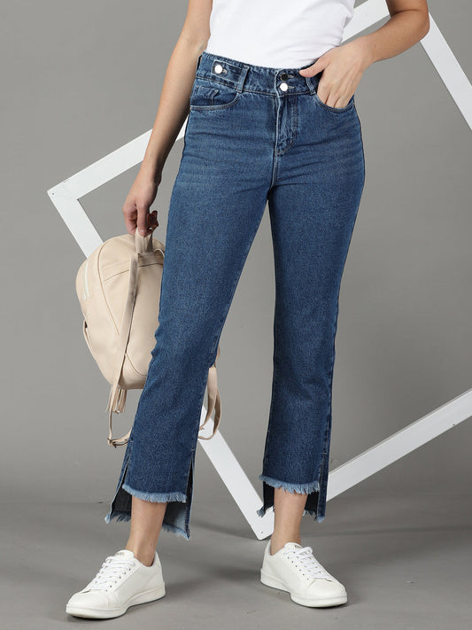 Women's Navy Blue Relaxed Fit High-Rise Cotton Jeans