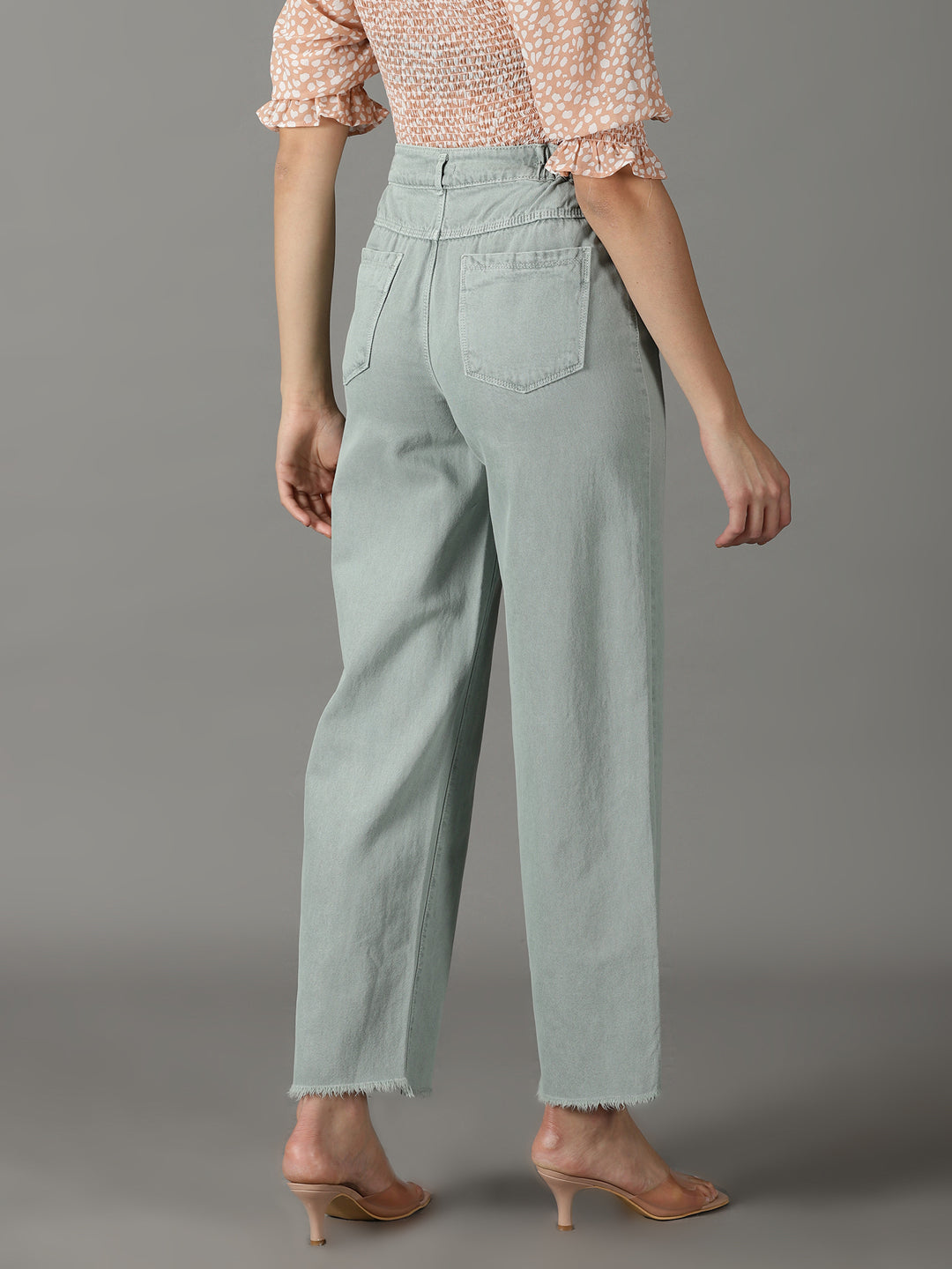 Women's Green Wide Leg High-Rise Cotton Jeans