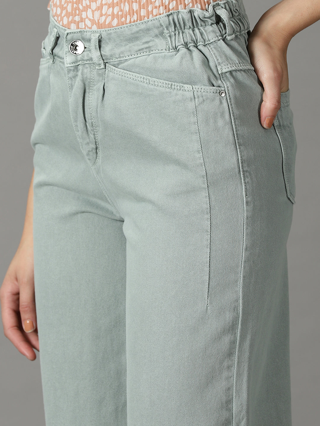 Women's Green Wide Leg High-Rise Cotton Jeans