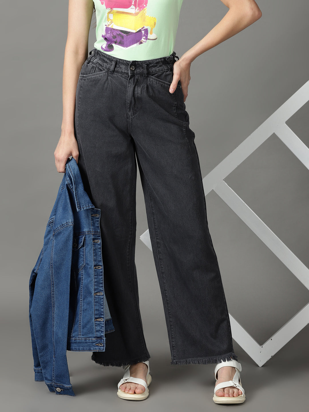 Women's Grey Wide Leg High-Rise Cotton Jeans