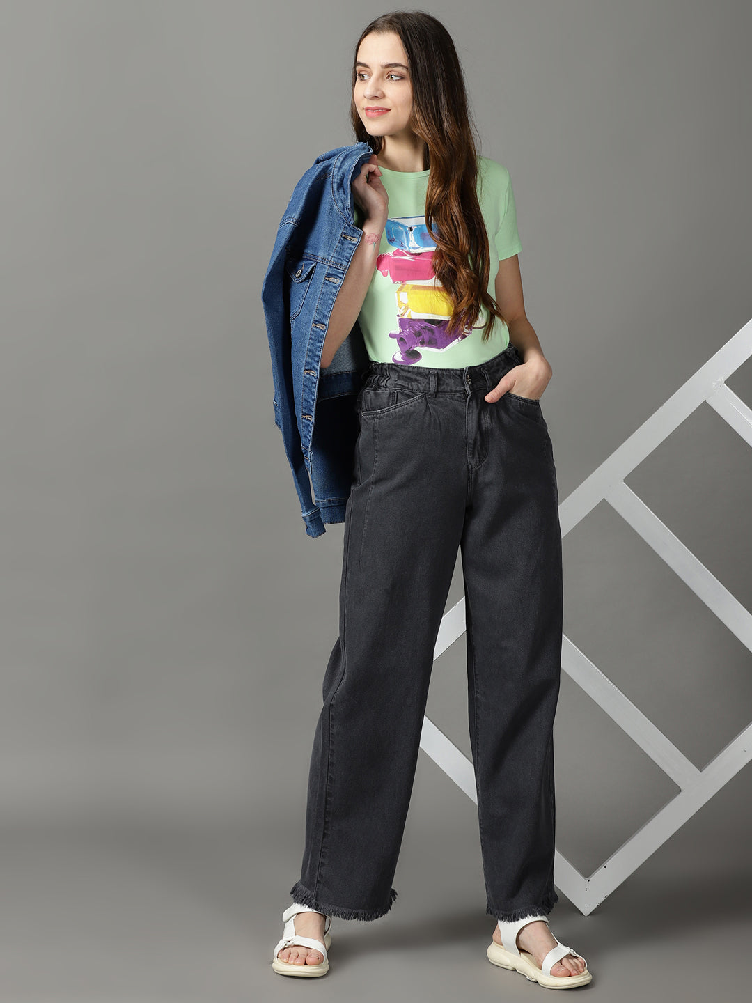 Women's Grey Wide Leg High-Rise Cotton Jeans