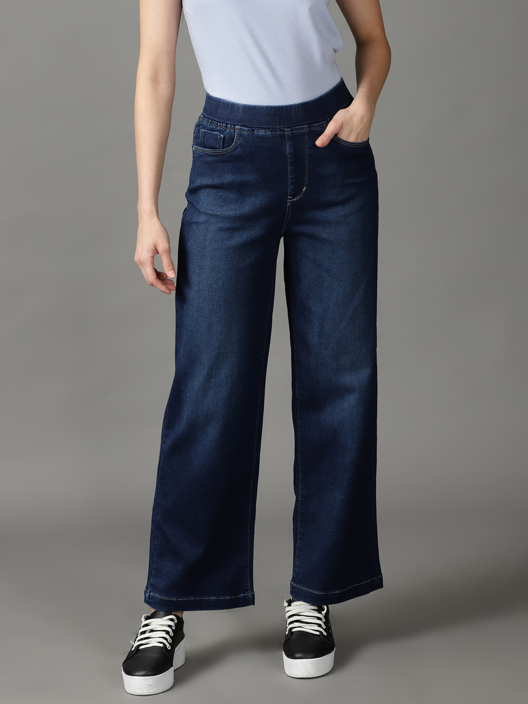 Women's Navy Blue Straight Fit High-Rise Light Fade Stretchable Cotton Jeans