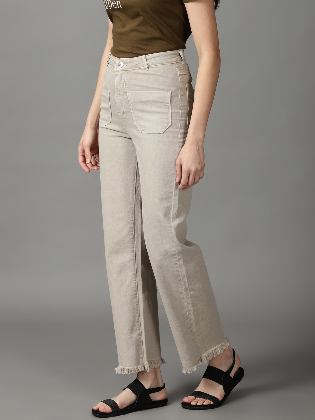 Women's Beige Wide Leg High-Rise Stretchable Cotton Jeans