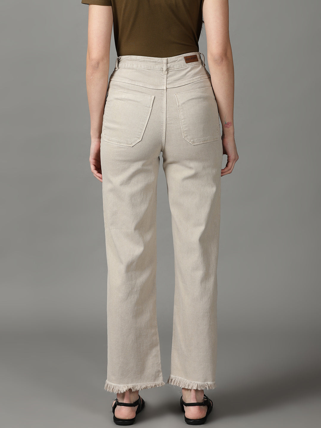 Women's Beige Wide Leg High-Rise Stretchable Cotton Jeans