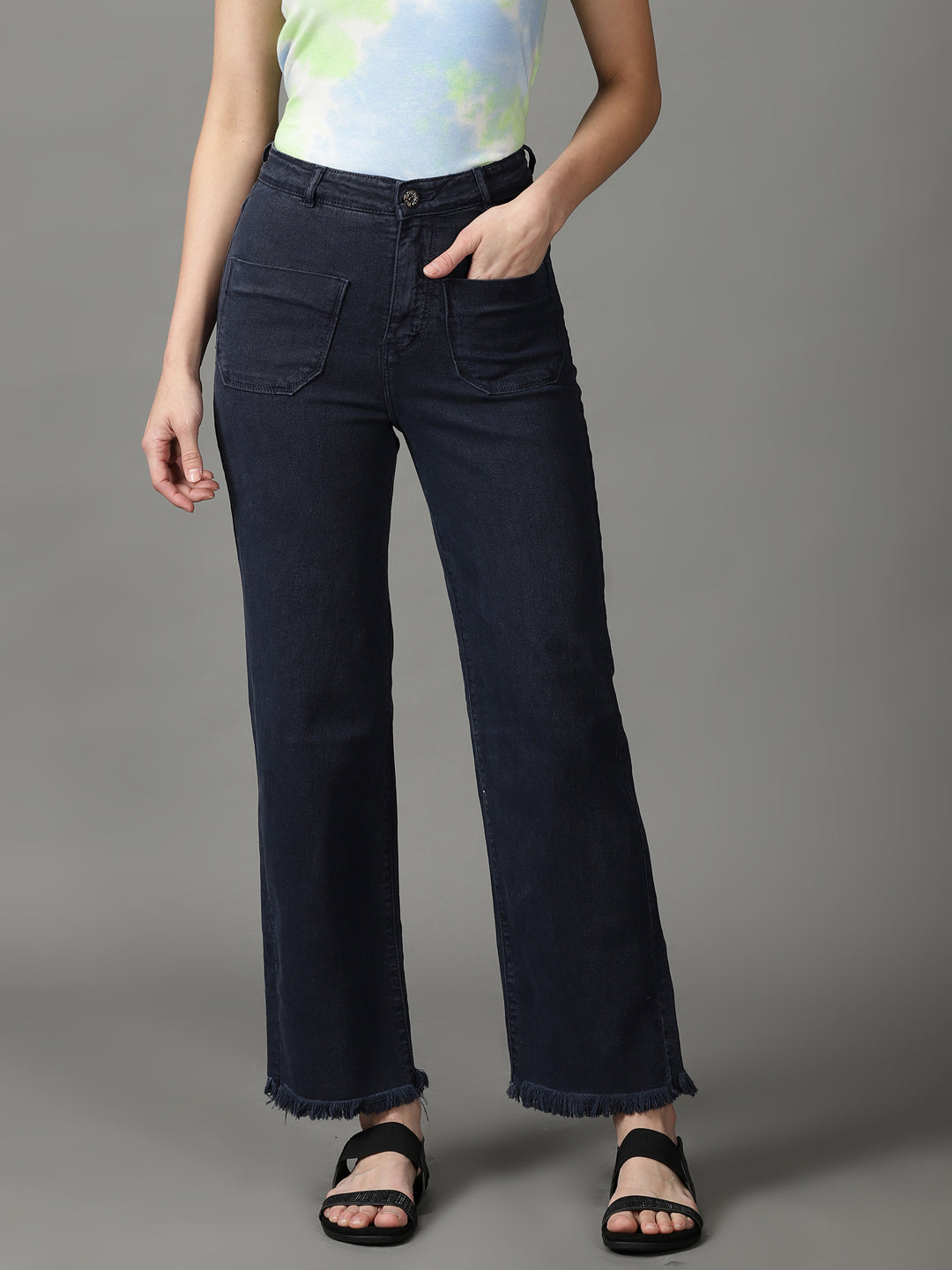 Women's Navy Blue Clean Look Wide Leg High-Rise Stretchable Jeans