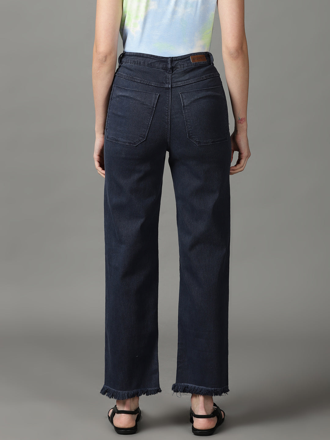 Women's Navy Blue Clean Look Wide Leg High-Rise Stretchable Jeans