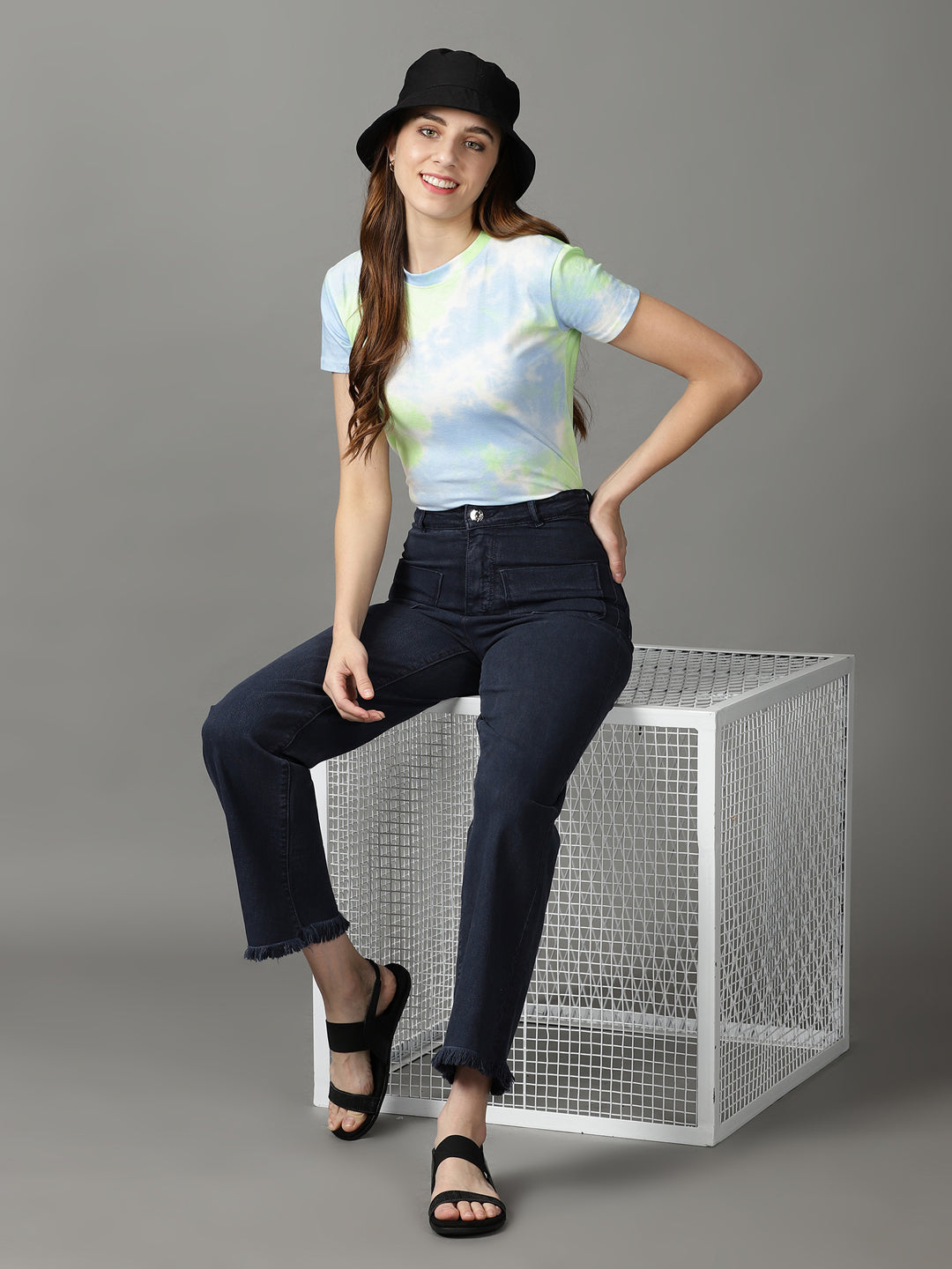 Women's Navy Blue Clean Look Wide Leg High-Rise Stretchable Jeans