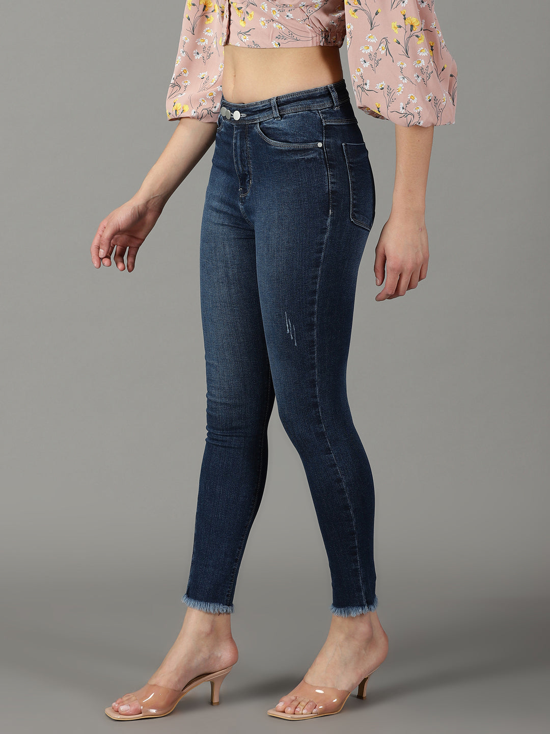 Women's Navy Blue Slim Fit High-Rise Light Fade Stretchable Cotton Jeans