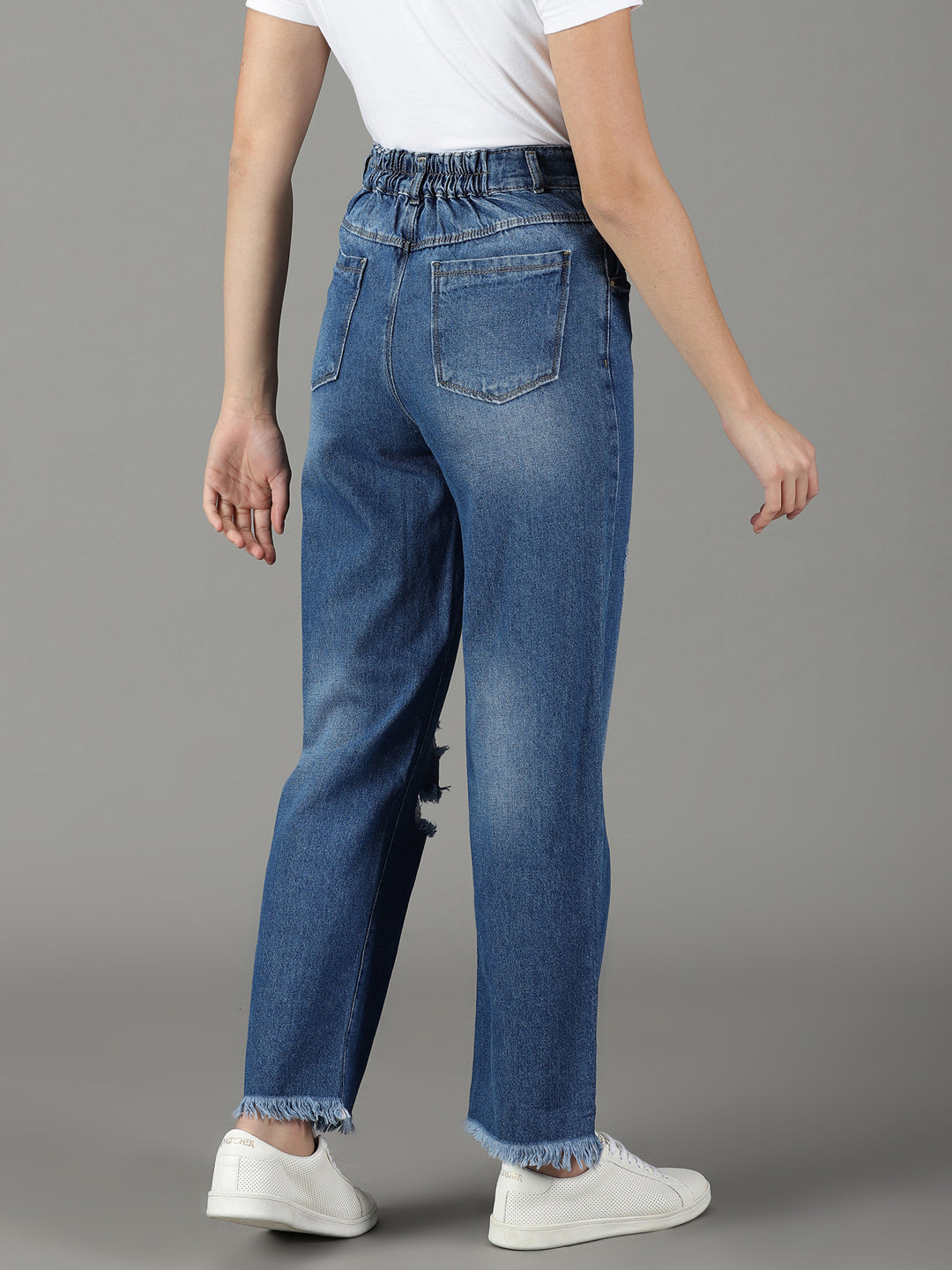 Women's Blue Cotton Straight Fit High-Rise Mildly Distressed Jeans