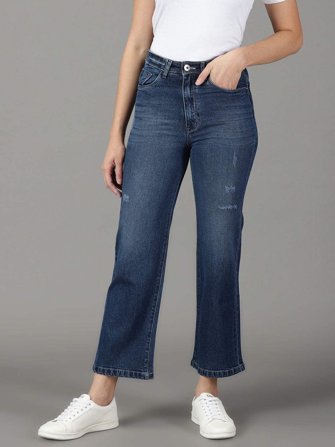 Women's Navy Blue Straight Fit High-Rise Mildly Distressed Light Fade Jeans