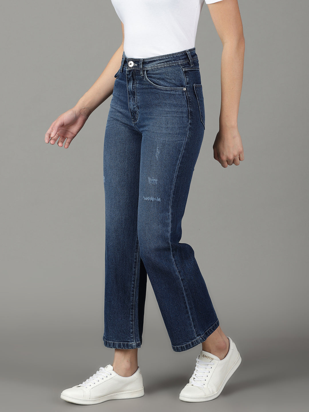 Women's Navy Blue Straight Fit High-Rise Mildly Distressed Light Fade Jeans