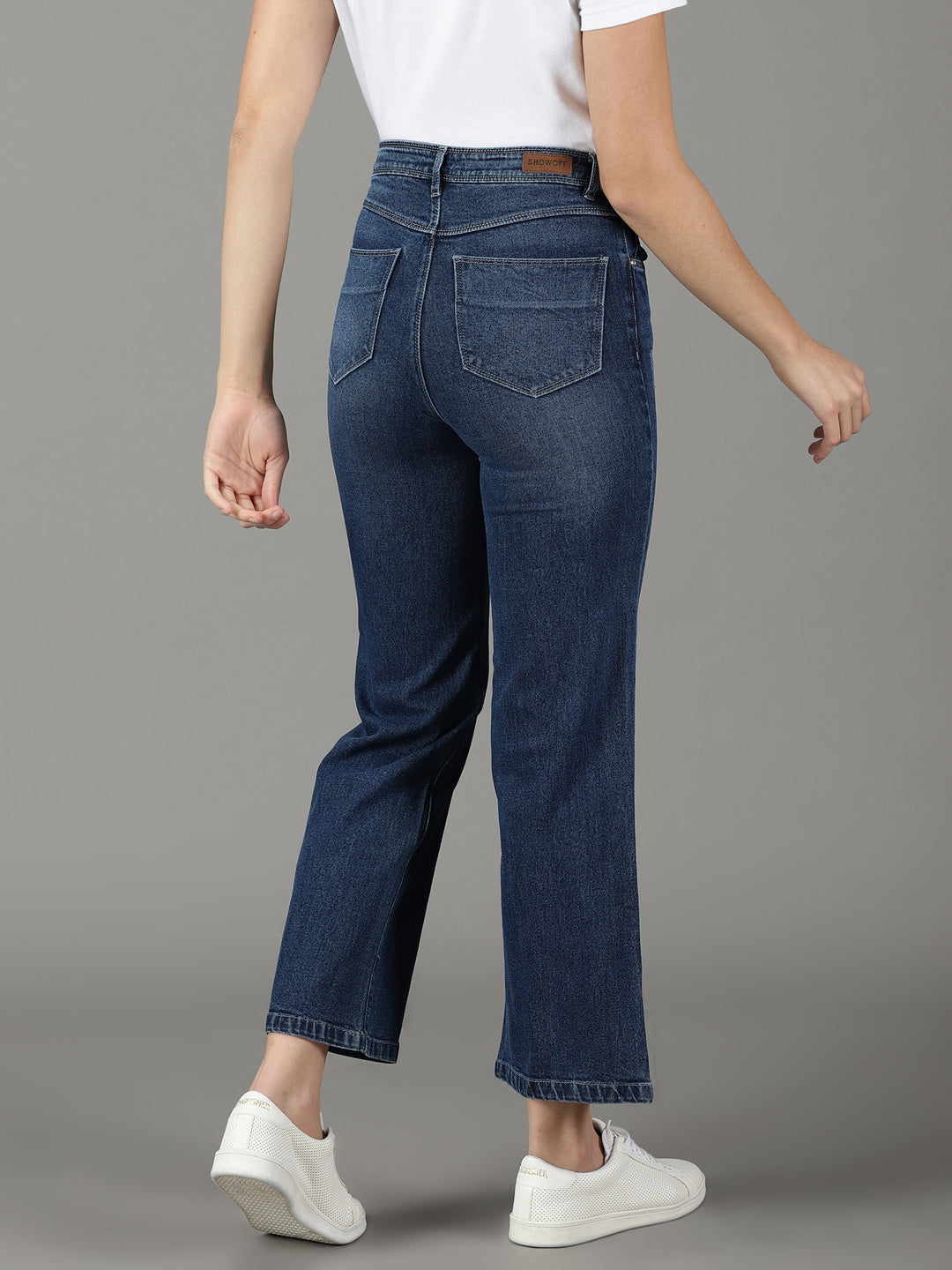 Women's Navy Blue Straight Fit High-Rise Mildly Distressed Light Fade Jeans