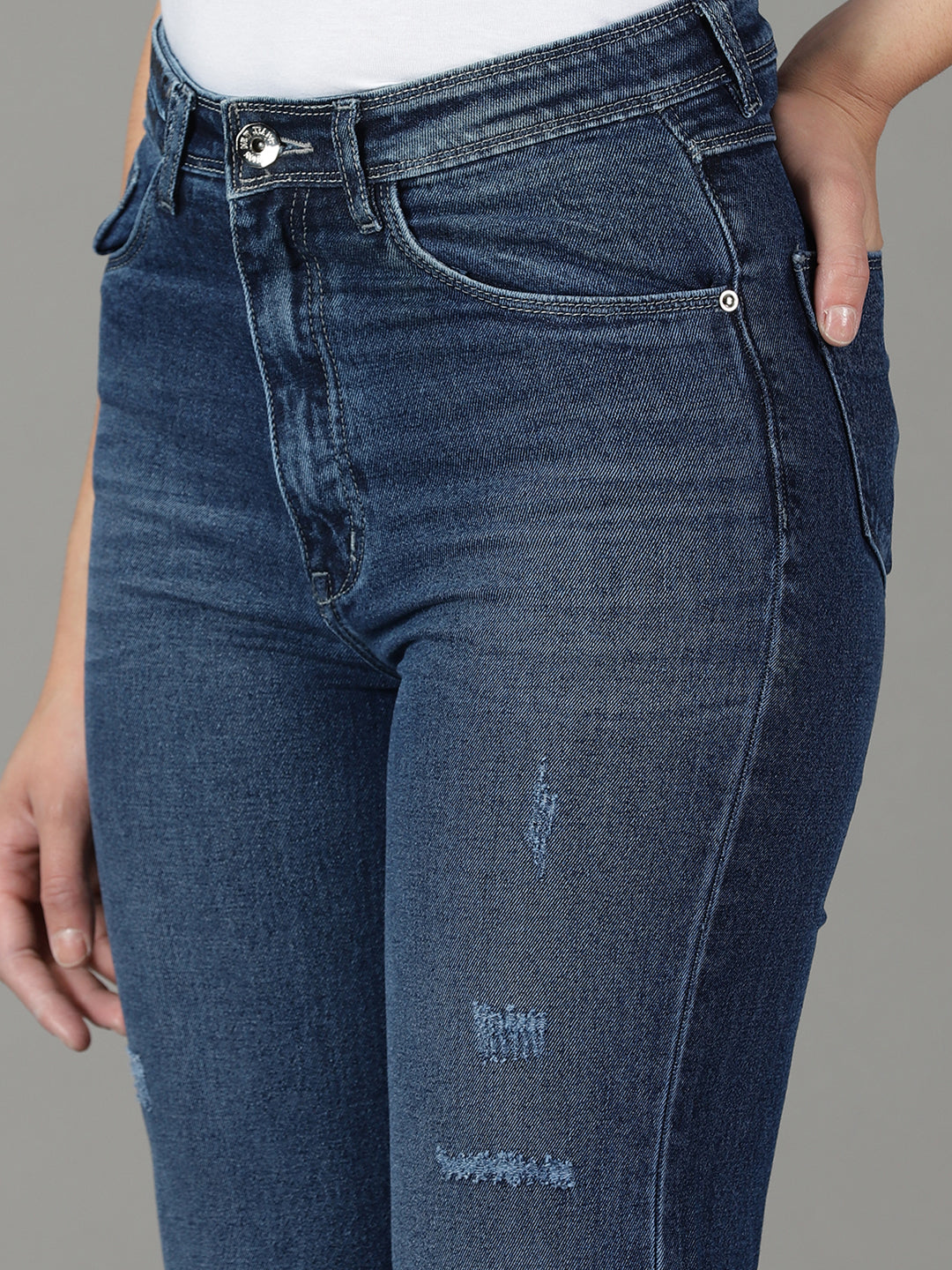 Women's Navy Blue Straight Fit High-Rise Mildly Distressed Light Fade Jeans