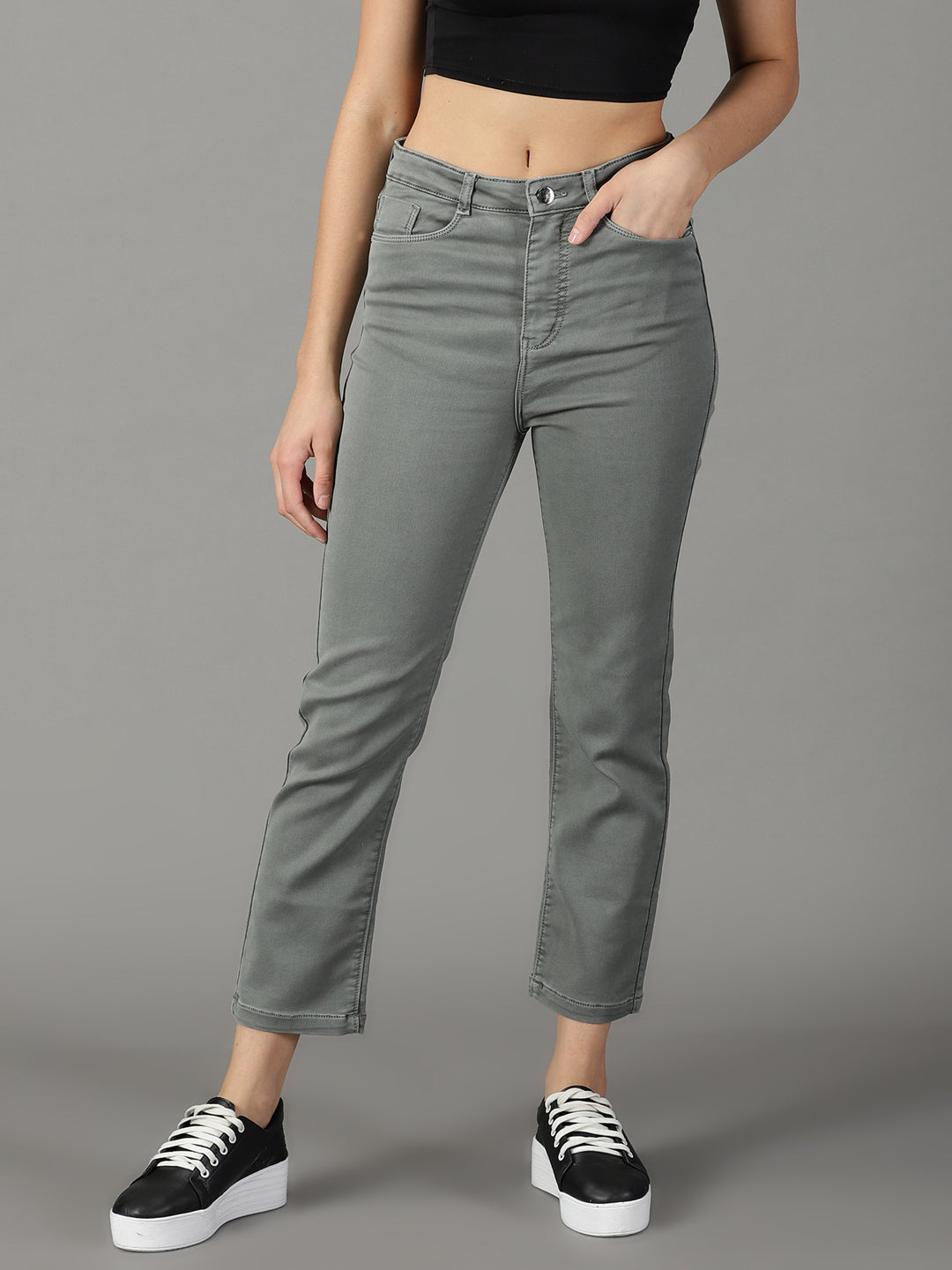 Women's Grey Relaxed Fit Mid-Rise Stretchable Cotton Jeans