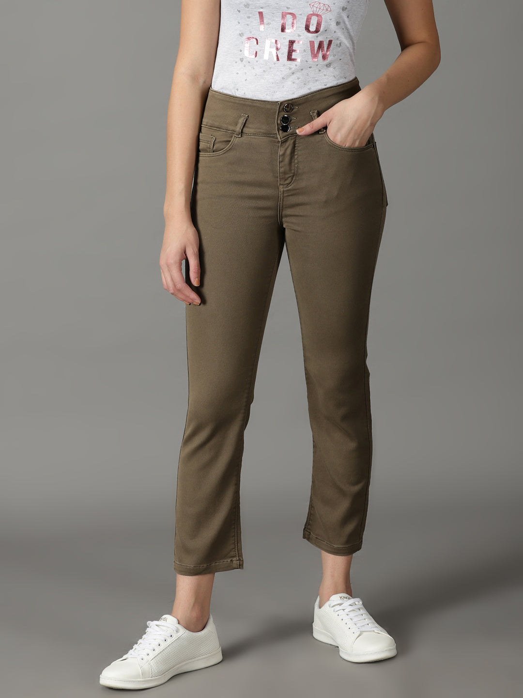 Women's Khaki High-Rise Stretchable Cotton Jeans