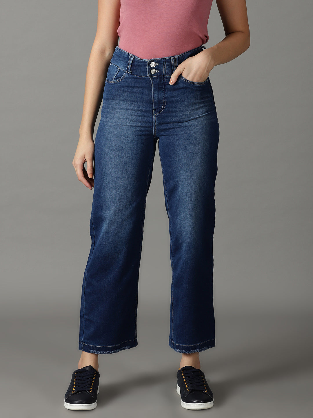 Women's Navy Blue Straight Fit High-Rise Light Fade Stretchable Jeans