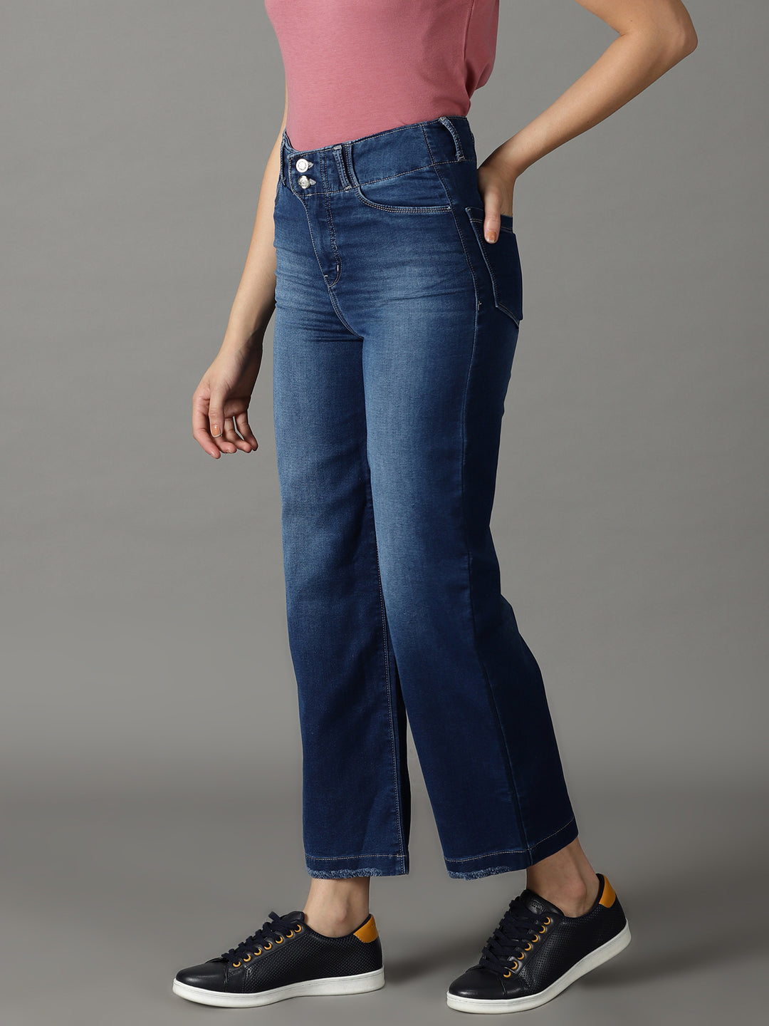 Women's Navy Blue Straight Fit High-Rise Light Fade Stretchable Jeans