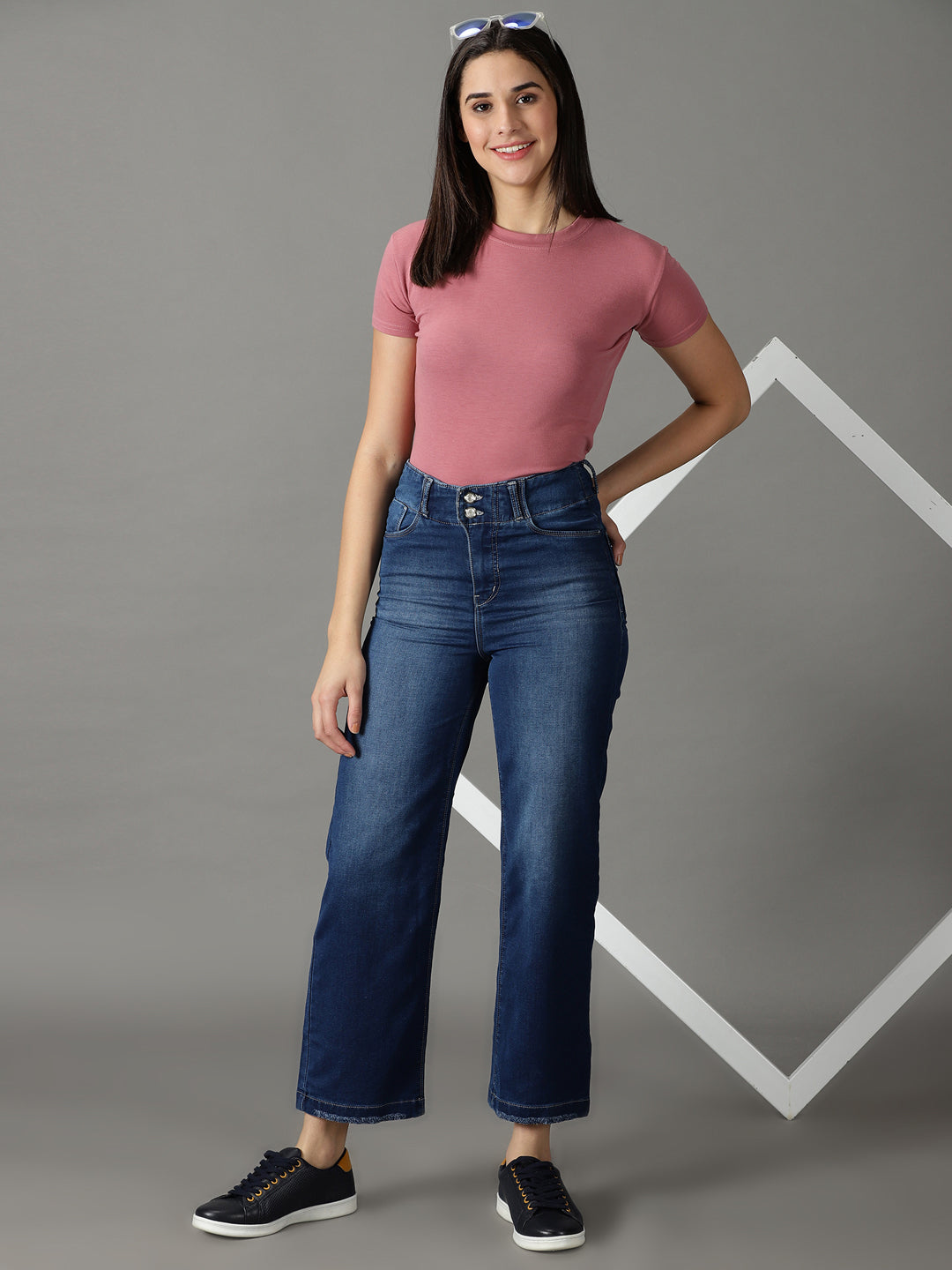 Women's Navy Blue Straight Fit High-Rise Light Fade Stretchable Jeans