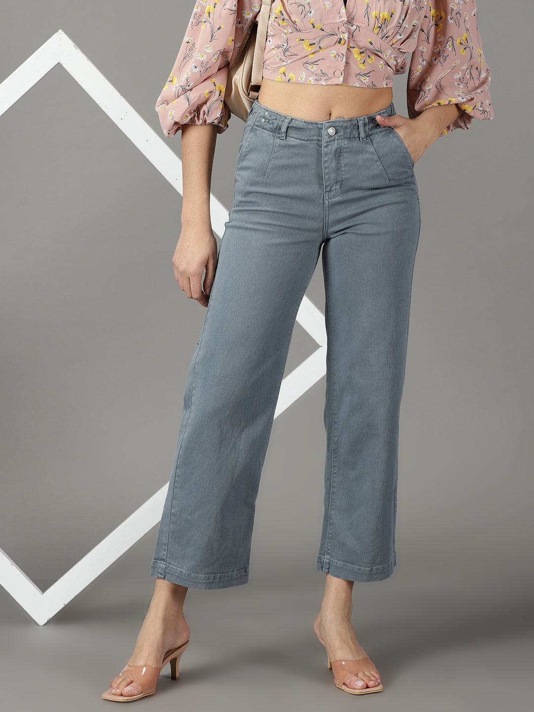 Women's Grey Wide Leg High-Rise Cotton Jeans