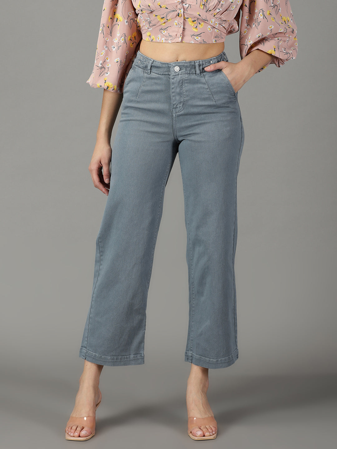 Women's Grey Wide Leg High-Rise Cotton Jeans