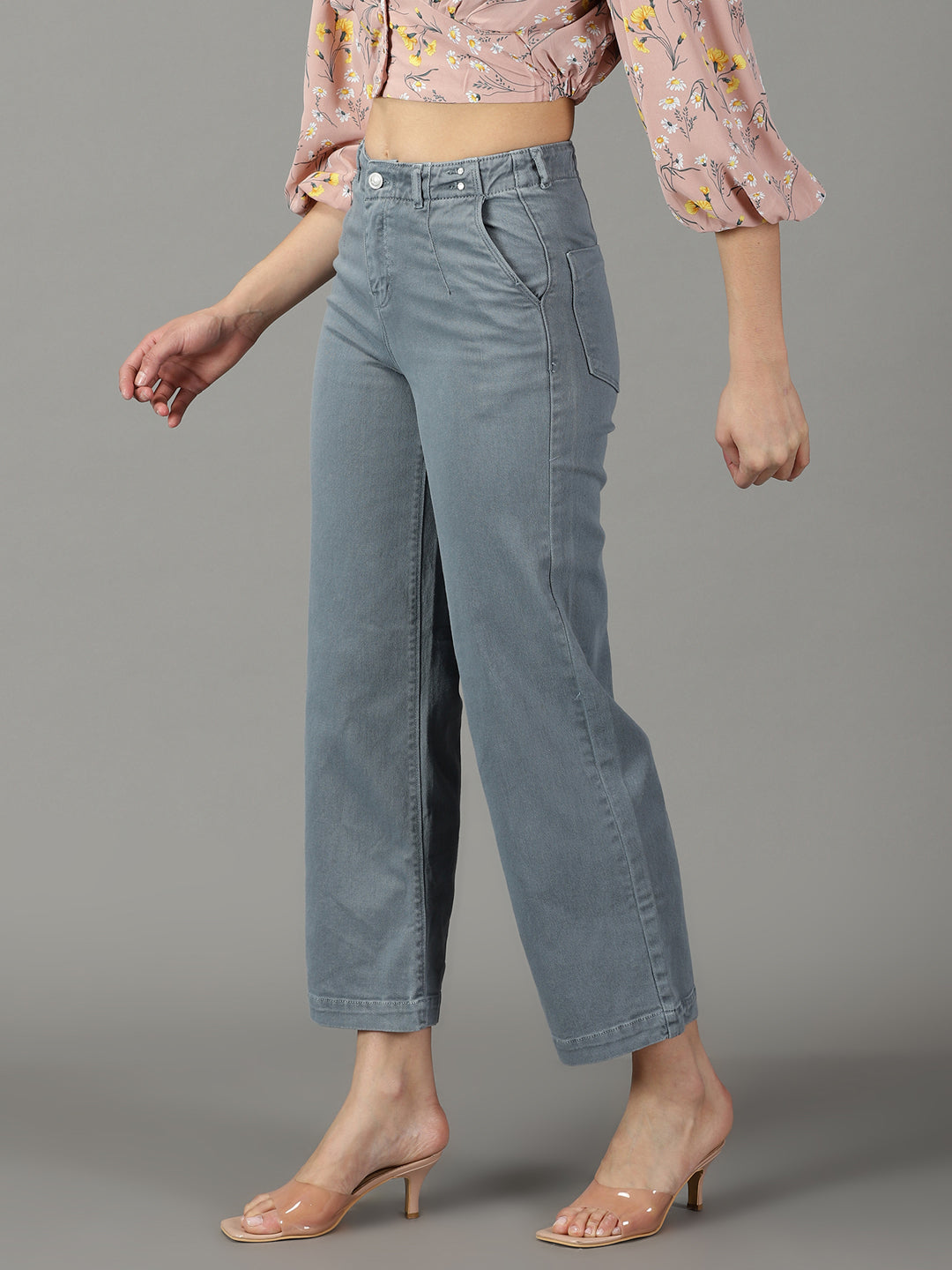Women's Grey Wide Leg High-Rise Cotton Jeans