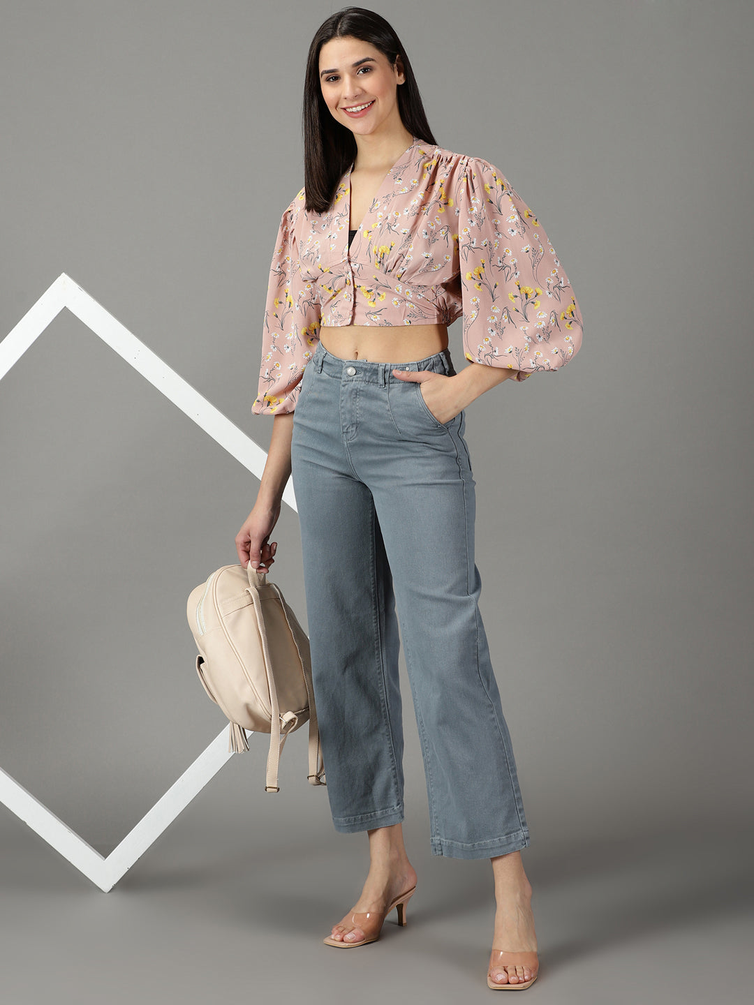 Women's Grey Wide Leg High-Rise Cotton Jeans