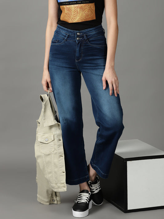 Women's Navy Blue Straight Fit High-Rise Light Fade Cotton Stretchable Jeans